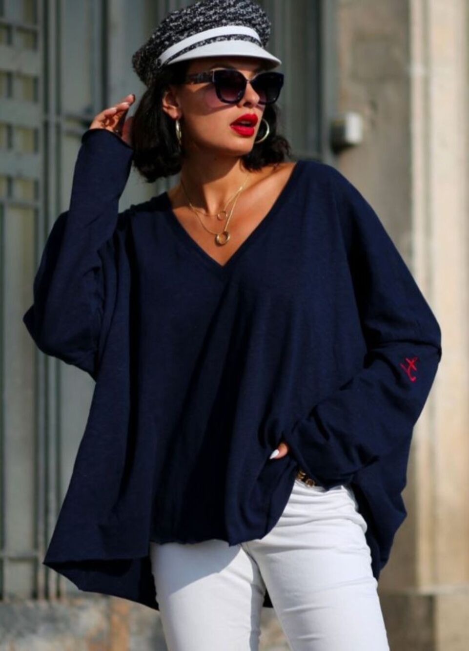 MARINIERE FRANCAISE Clem Marine Top Women's OS Oversized Slub Jersey Deep V-Neck